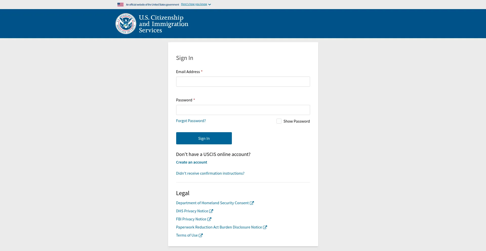 Website screenshot of Myaccount.uscis.gov