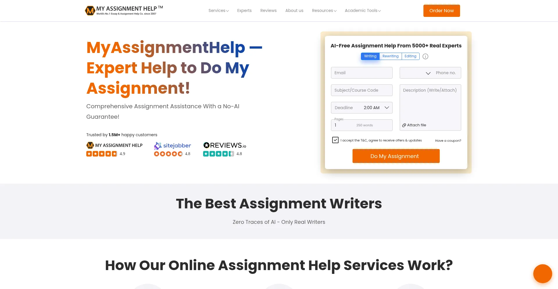 Website screenshot of Myassignmenthelp.com