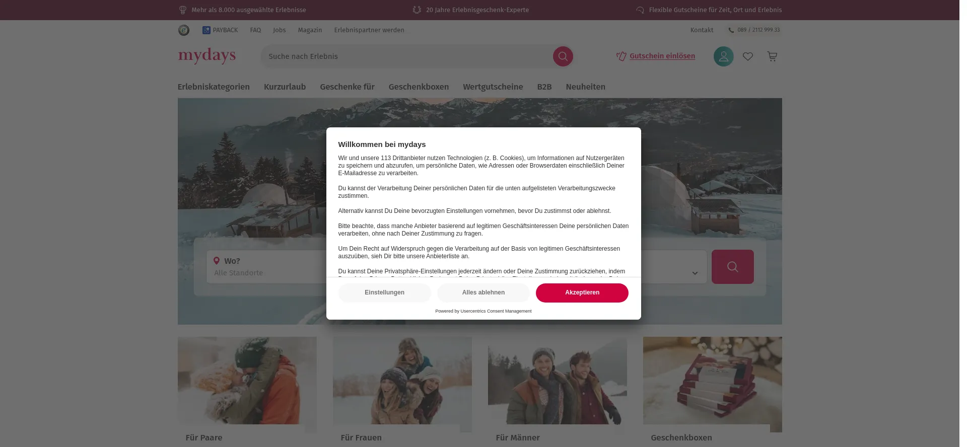 Website screenshot of Mydays.de