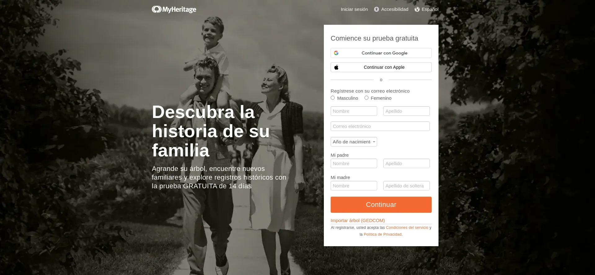 Website screenshot of Myheritage.es