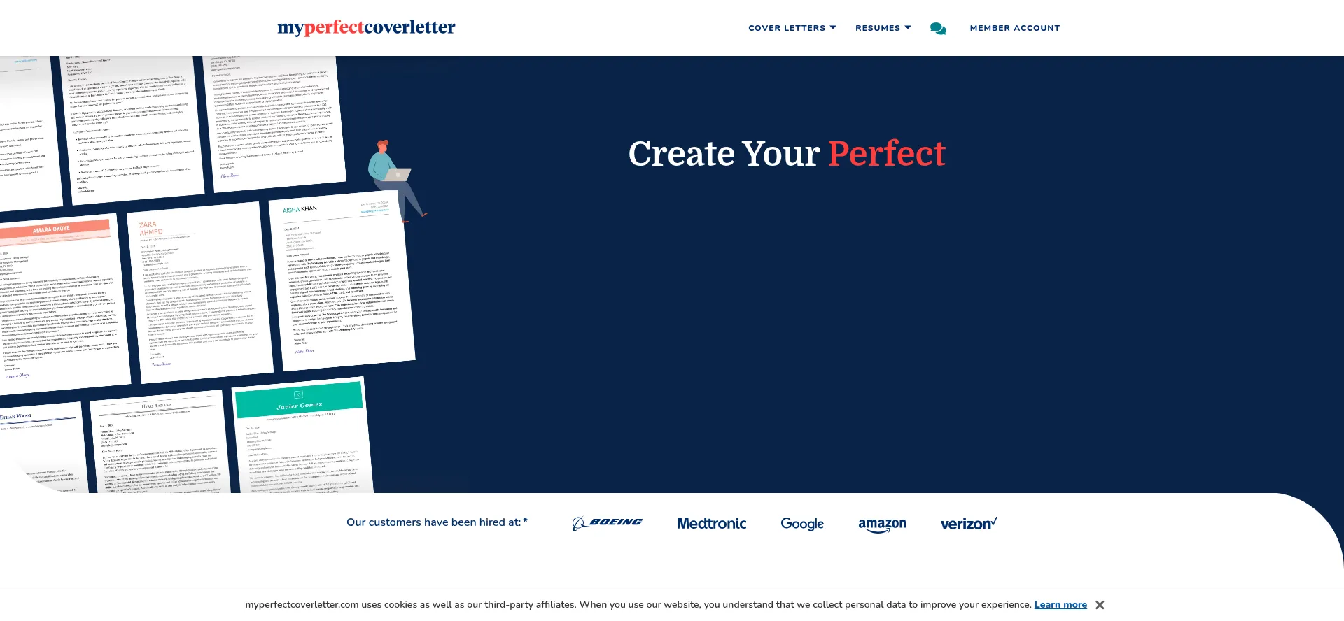 Website screenshot of Myperfectcoverletter.com