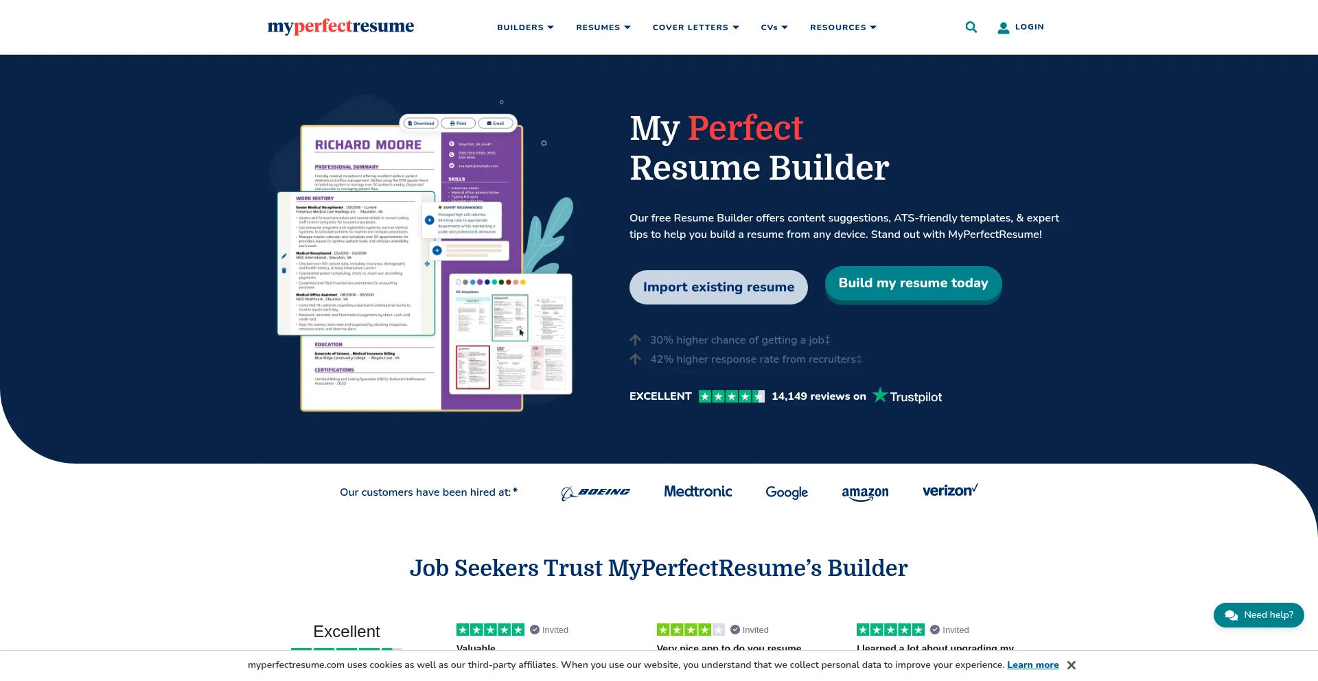 Website screenshot of Myperfectresume.com