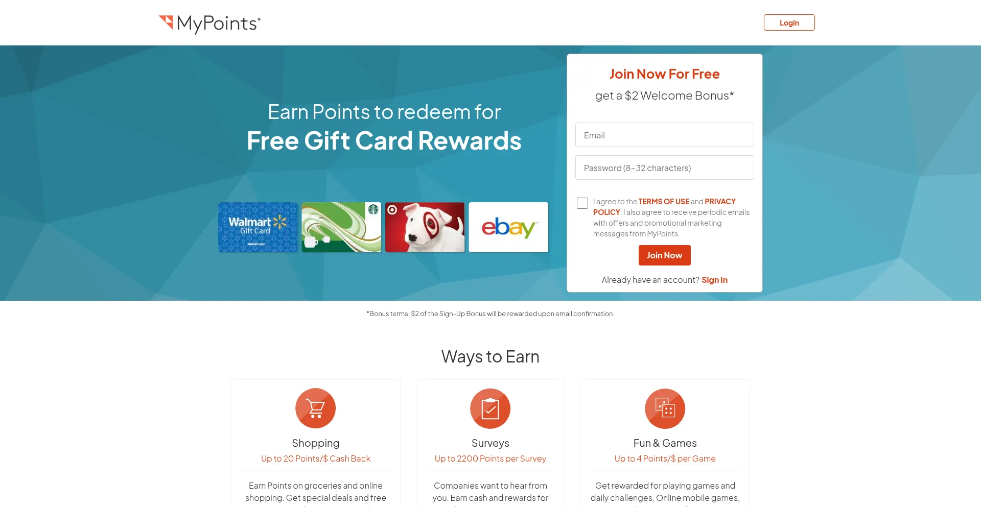 Website screenshot of Mypoints.com