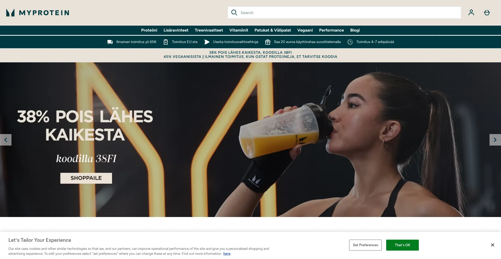 Website screenshot of Myprotein.fi