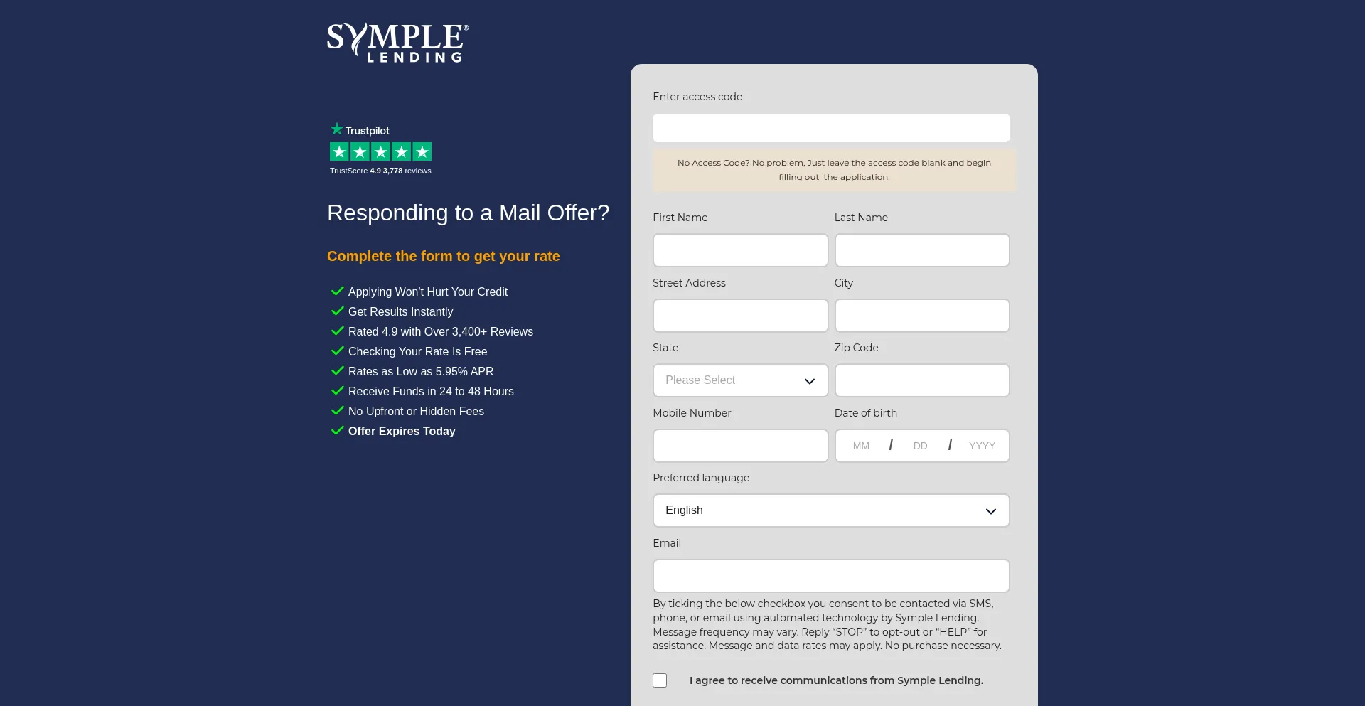 Website screenshot of Mysympleloan.com