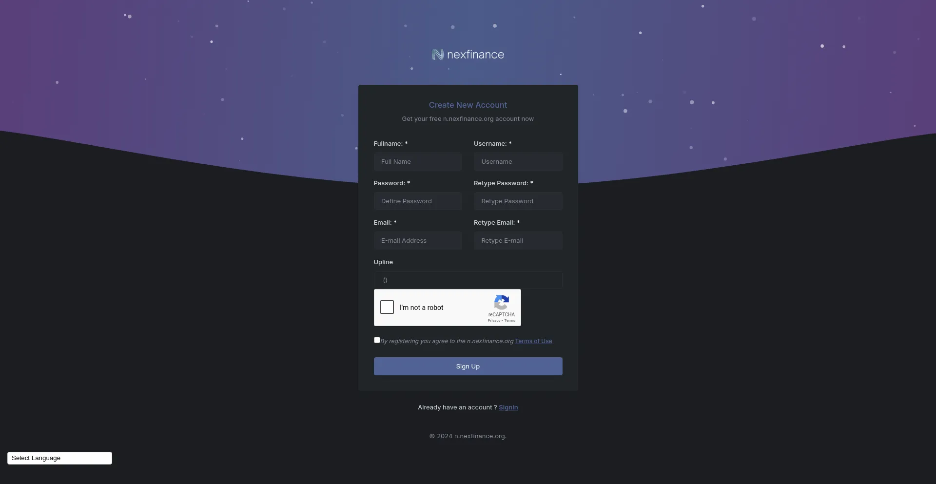 Website screenshot of N.nexfinance.org