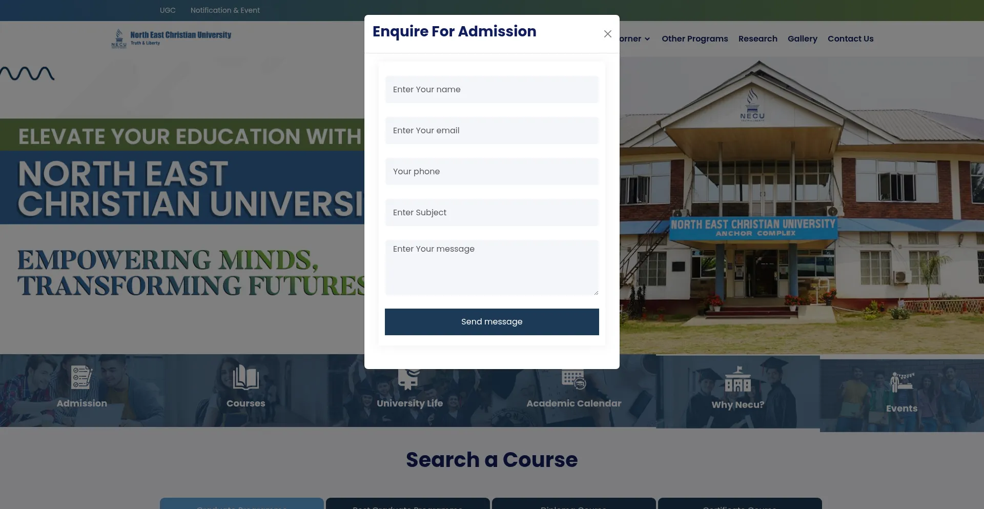 Website screenshot of Necu.ac.in