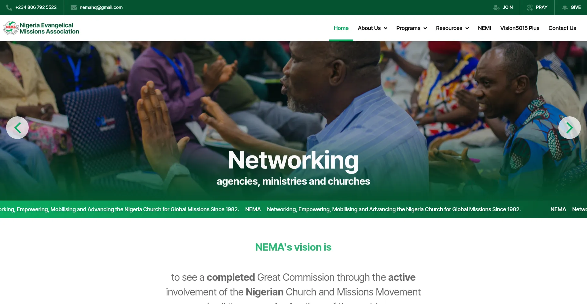 Website screenshot of Nemanigeriamissions.org