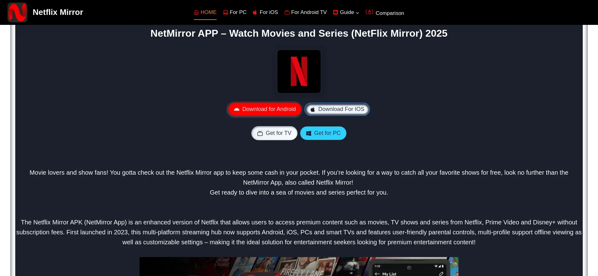 Website screenshot of Netmirror-apk.com