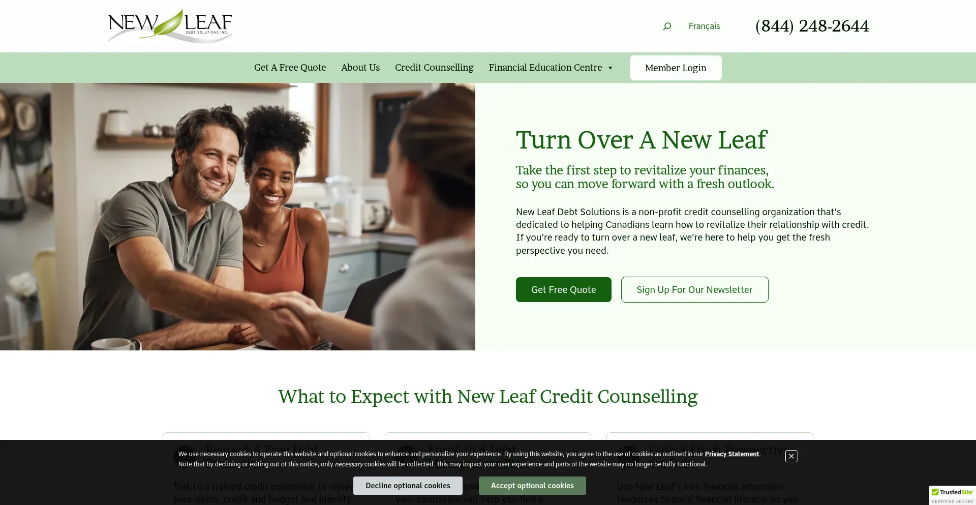 Website screenshot of Newleafdebt.ca
