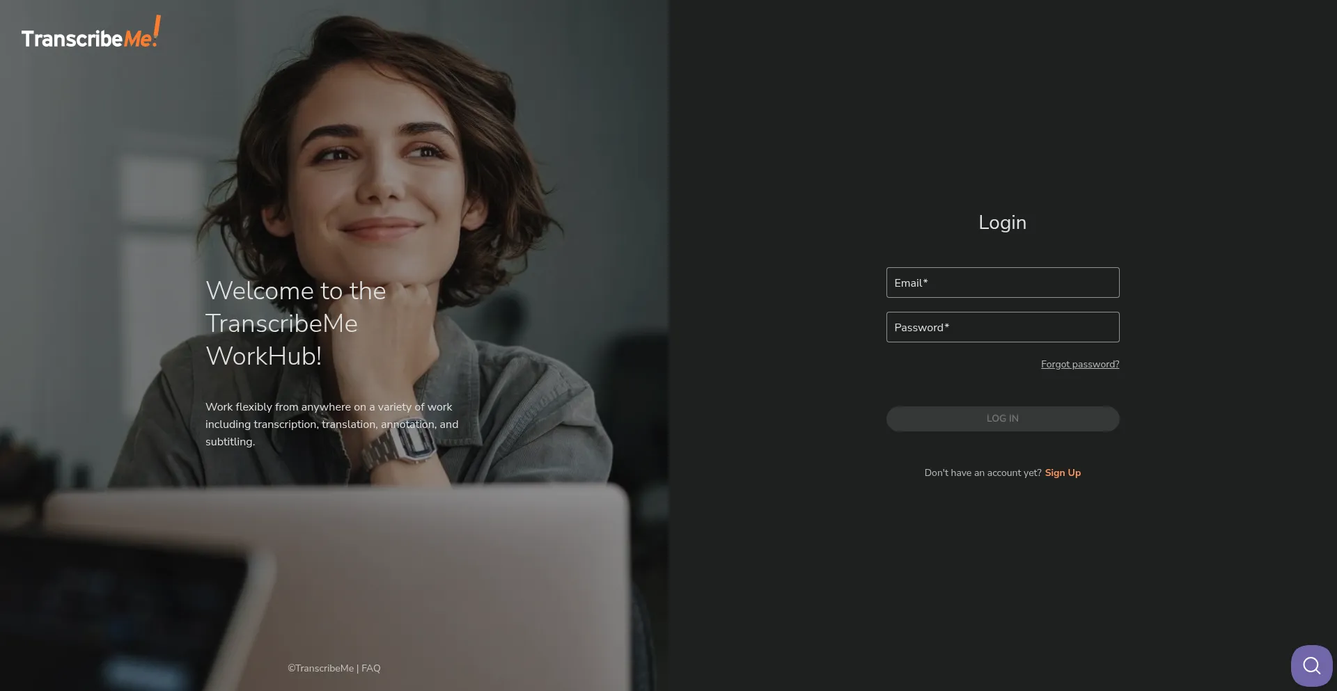 Website screenshot of Newworkhub.transcribeme.com