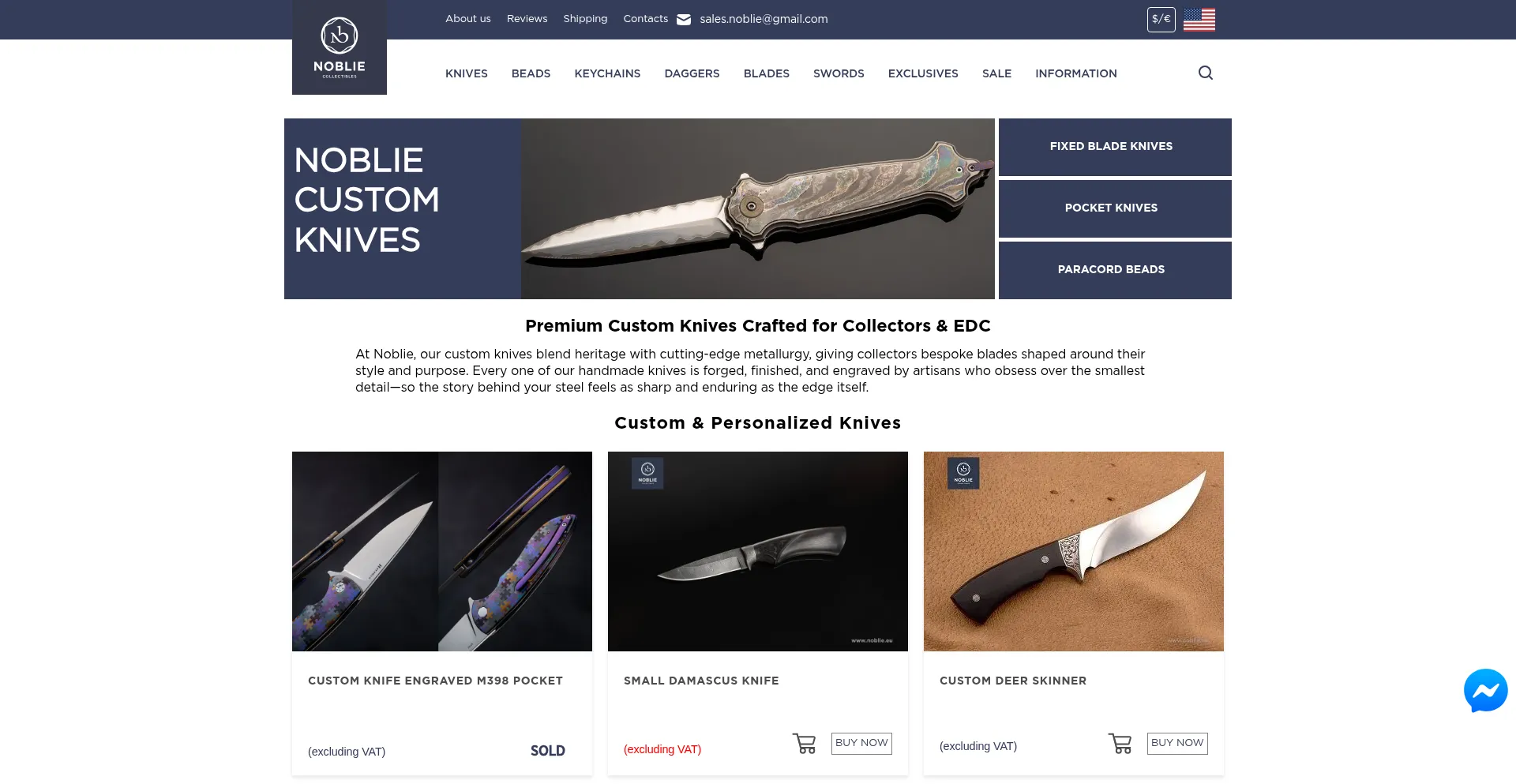 Website screenshot of Nobliecustomknives.com