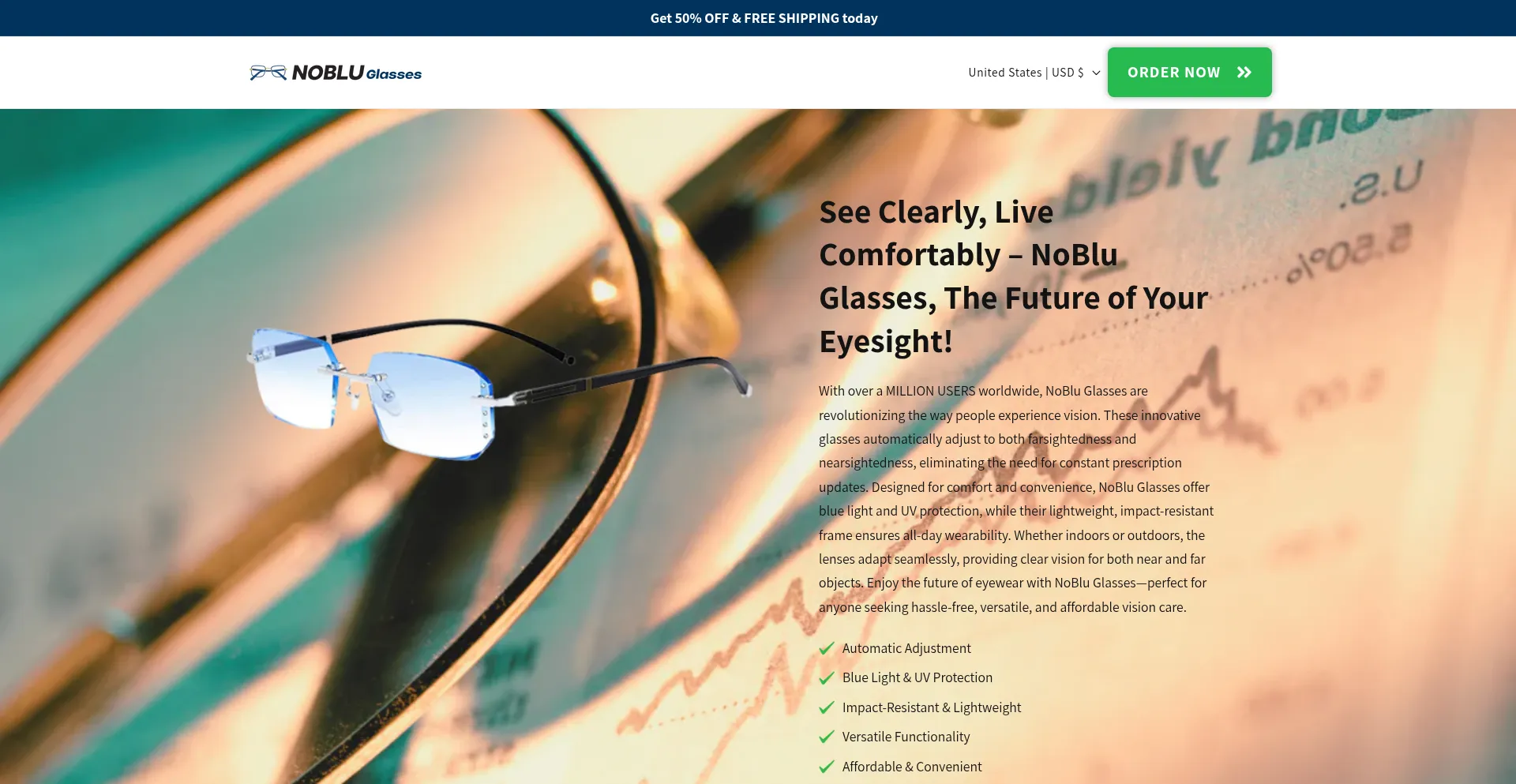 Website screenshot of Nobluglasses.com