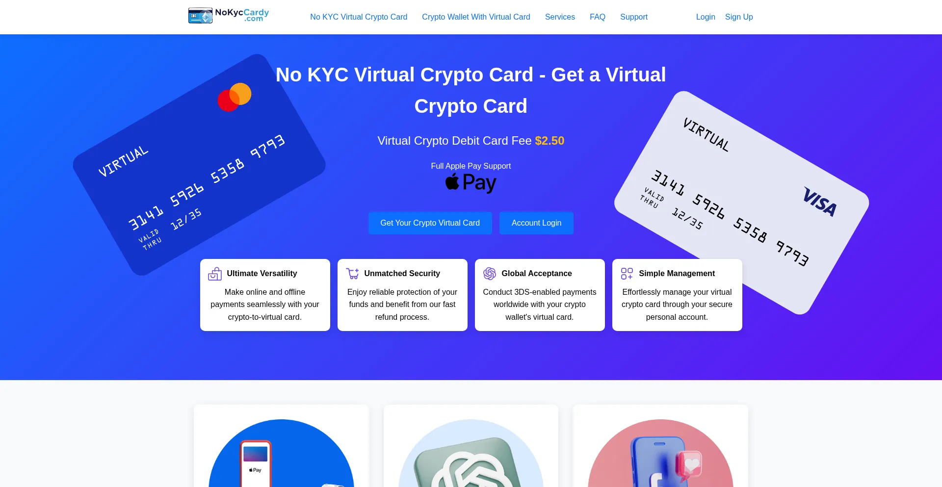 Website screenshot of Nokyccardy.com