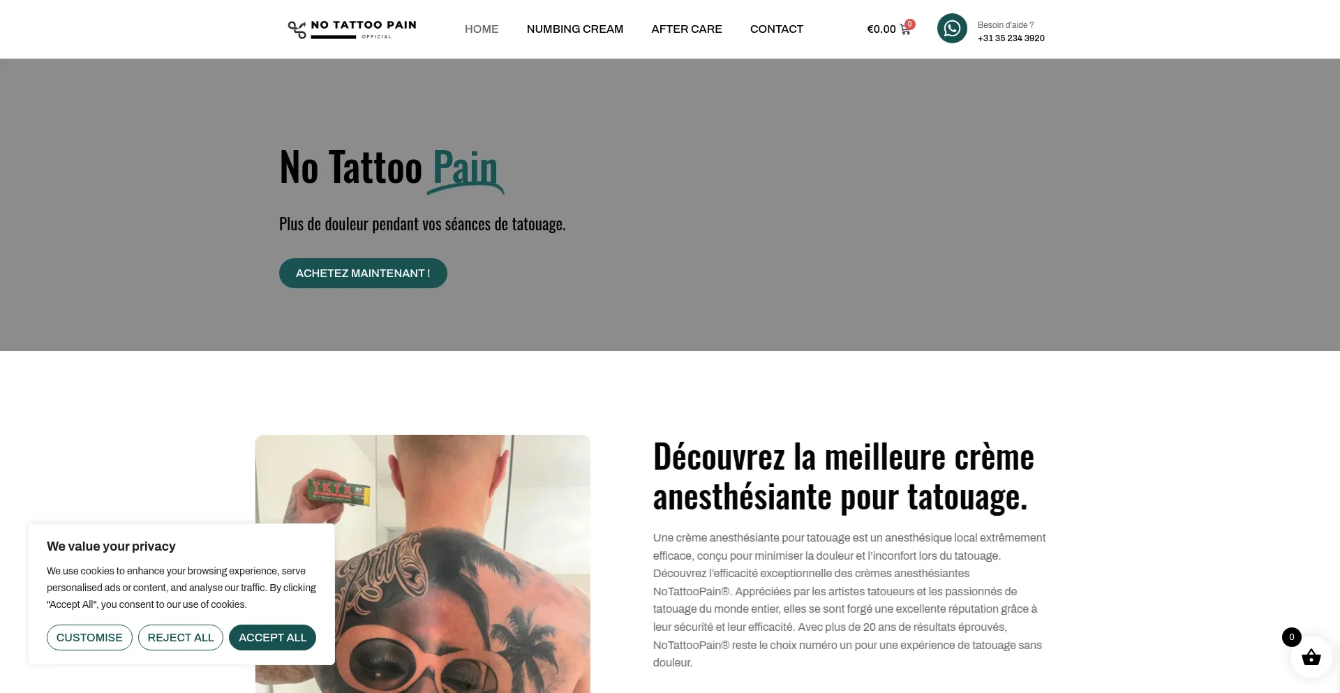 Website screenshot of Notattoopain.fr