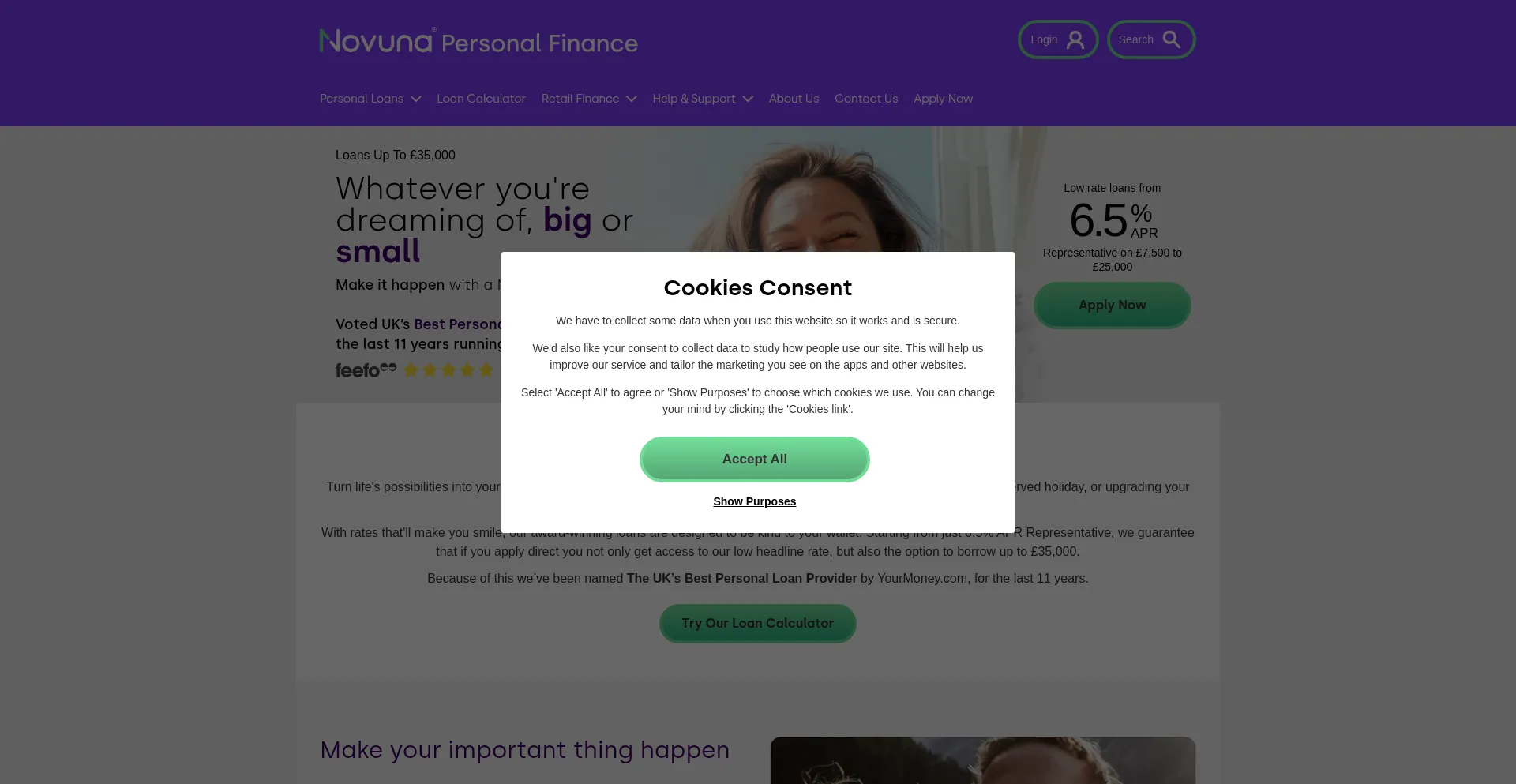 Website screenshot of Novunapersonalfinance.co.uk