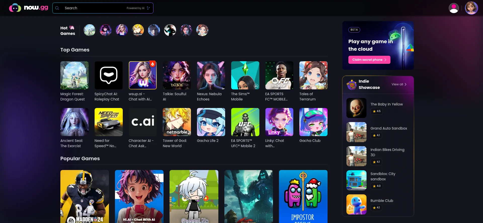 Website screenshot of Now.gg