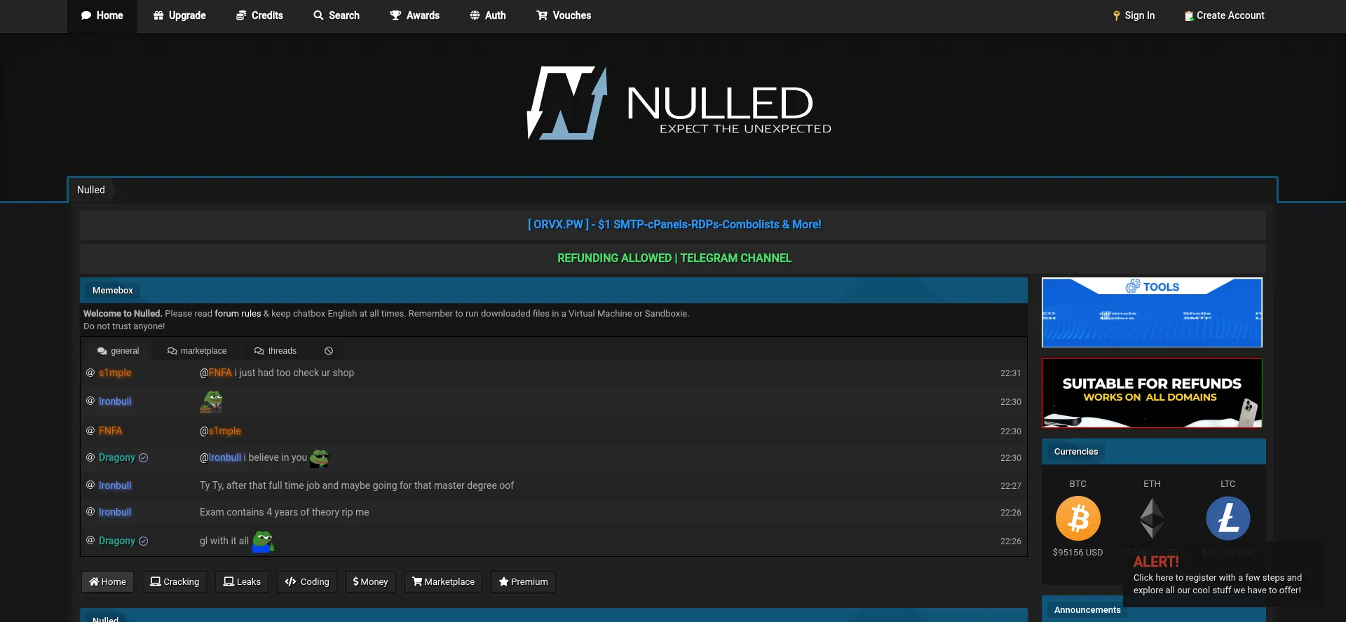 Website screenshot of Nulled.to
