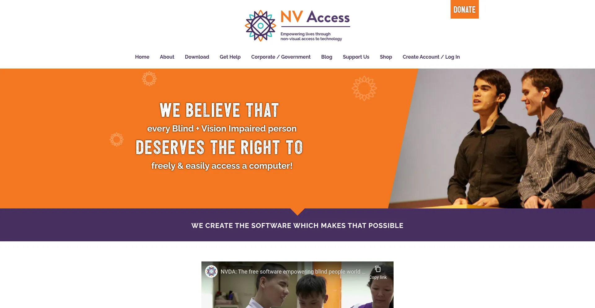 Website screenshot of Nvaccess.org
