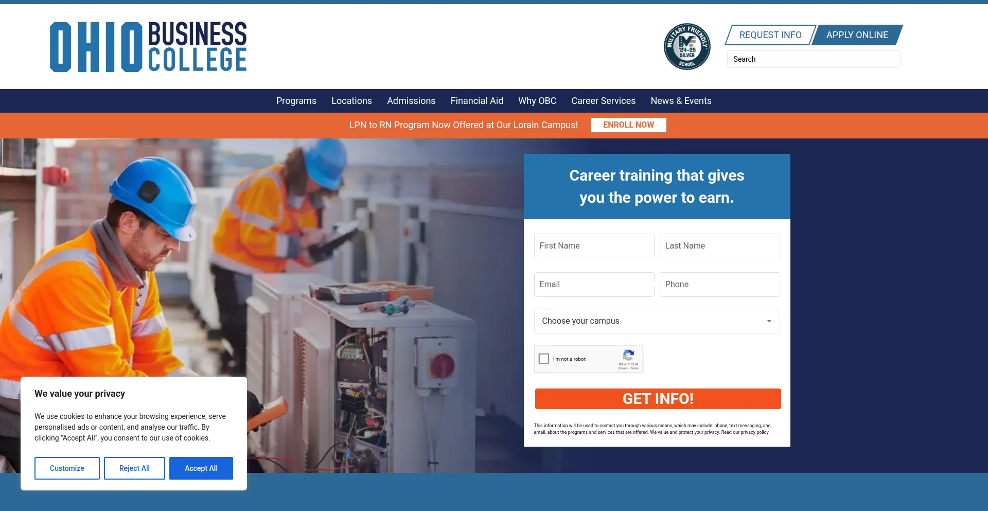 Website screenshot of Obc.edu