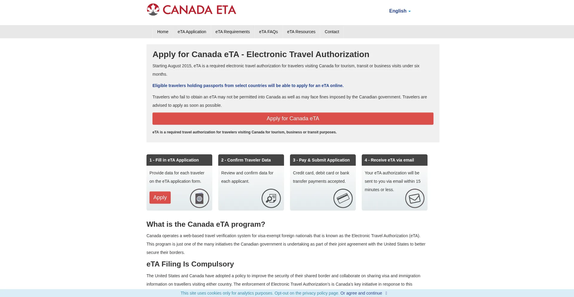 Website screenshot of Official-canada-eta.com