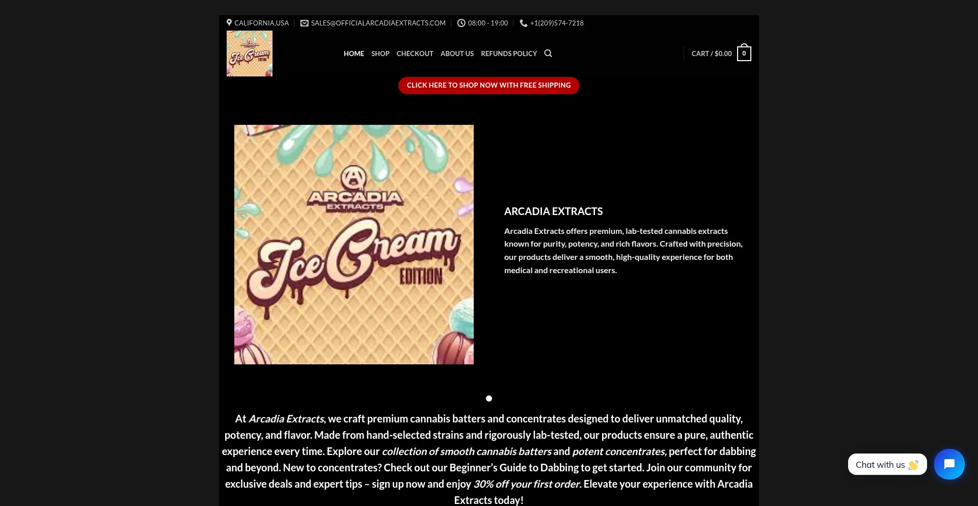 Website screenshot of Officialarcadiaextracts.com