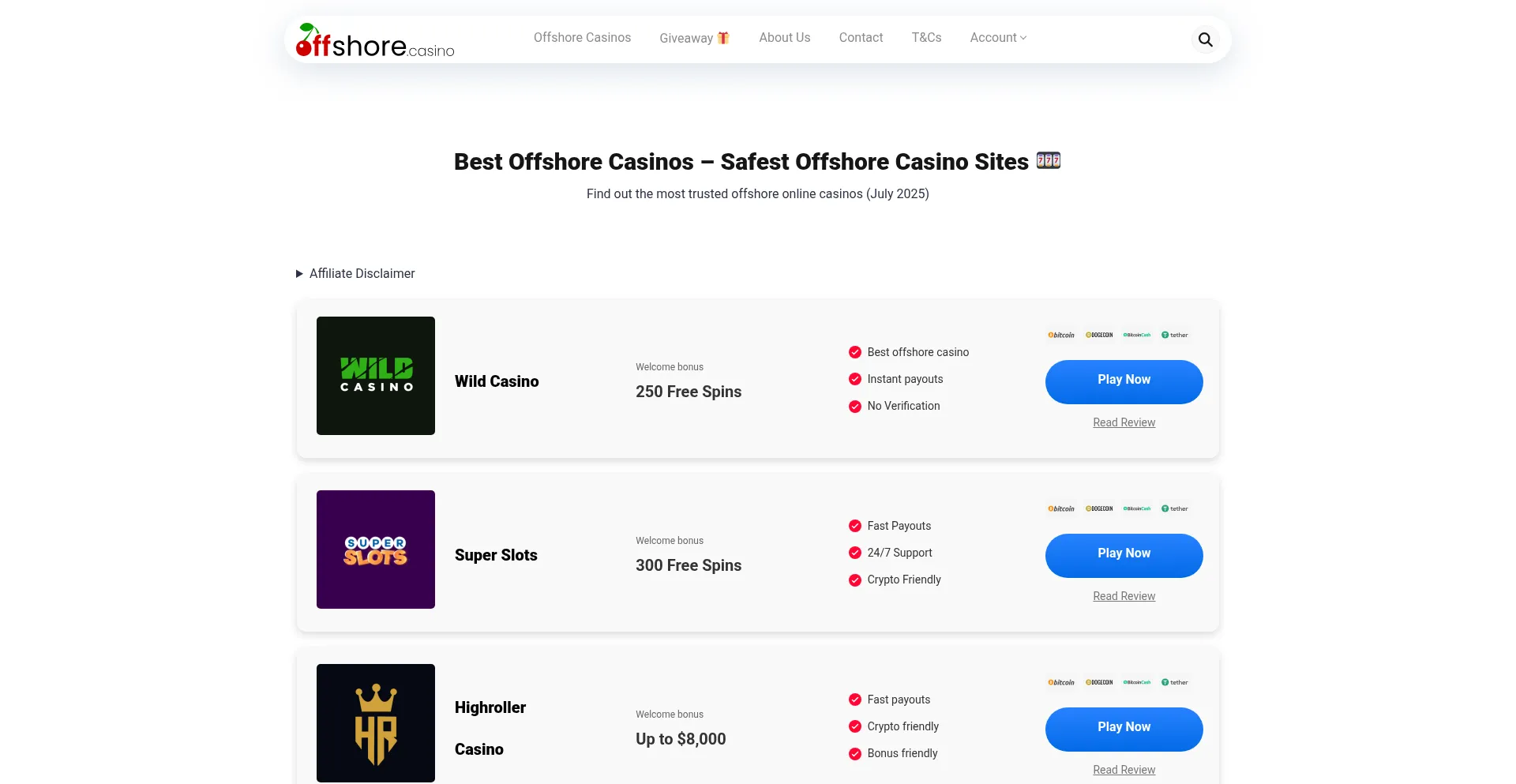 Website screenshot of Offshore.casino