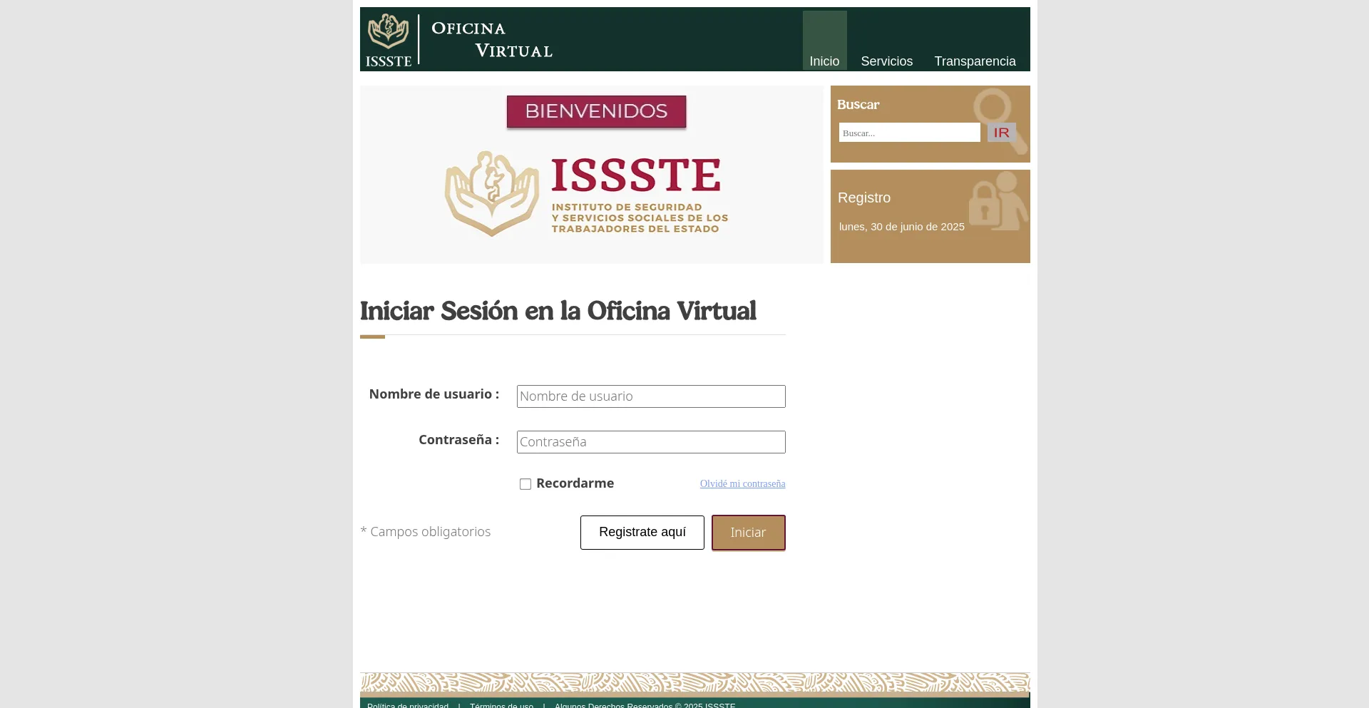 Website screenshot of Oficinavirtual.issste.gob.mx