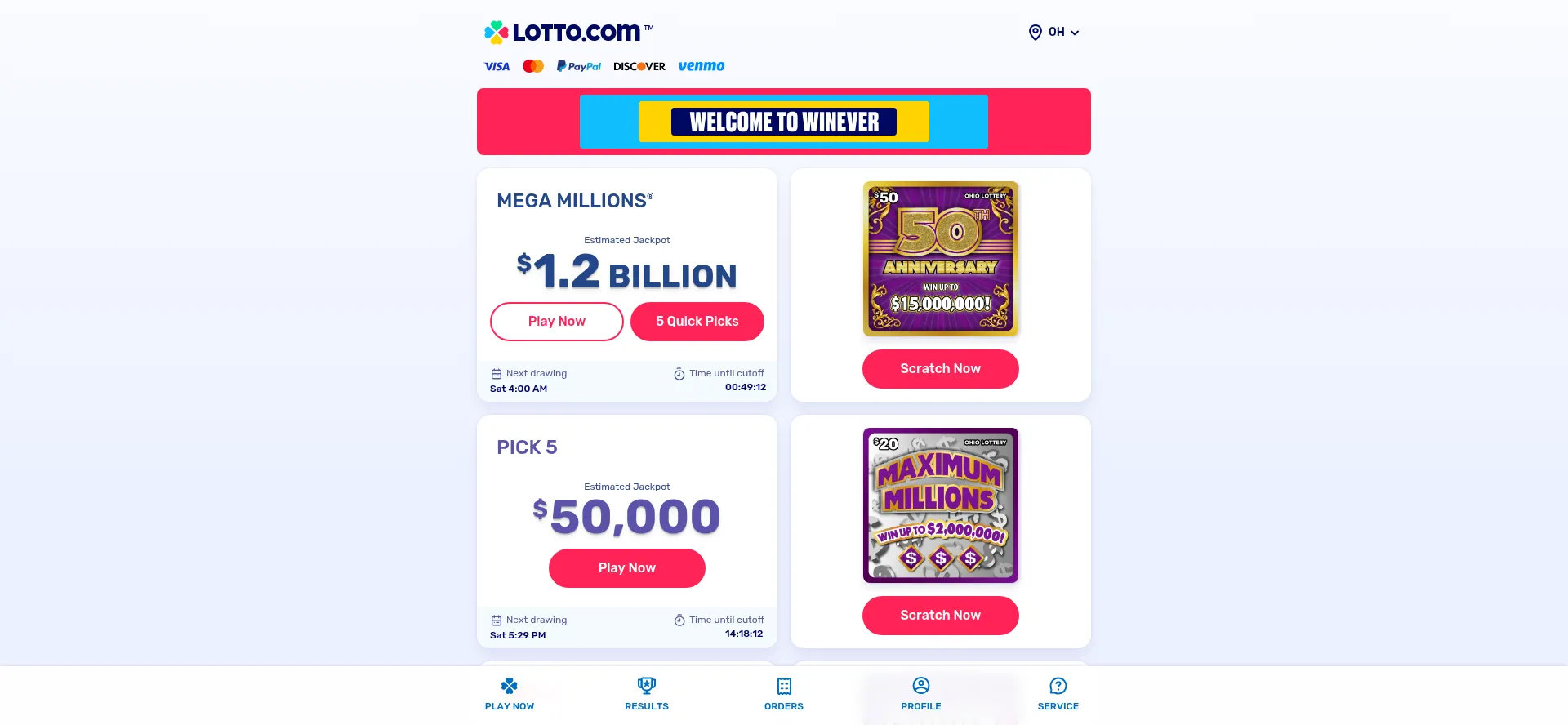 Website screenshot of Oh.lotto.com