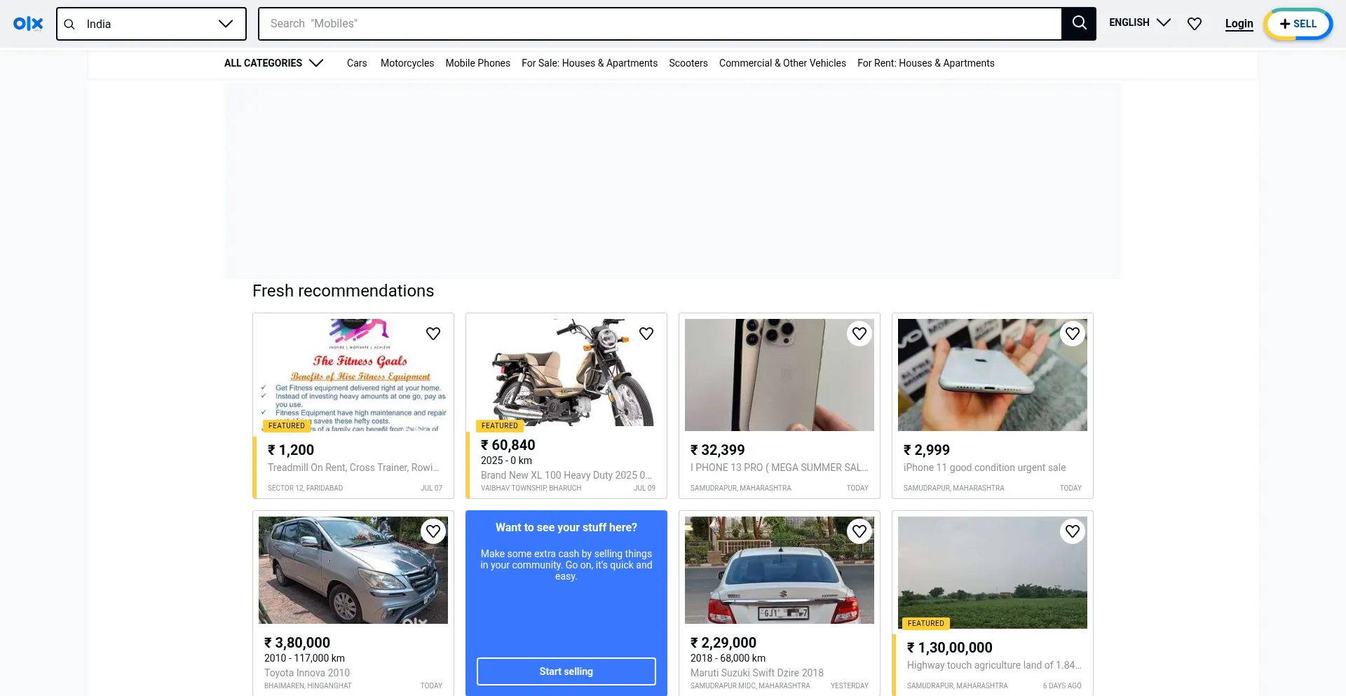 Website screenshot of Olx.in