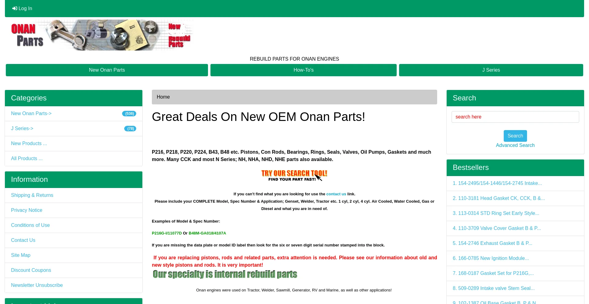 Website screenshot of Onanparts.com