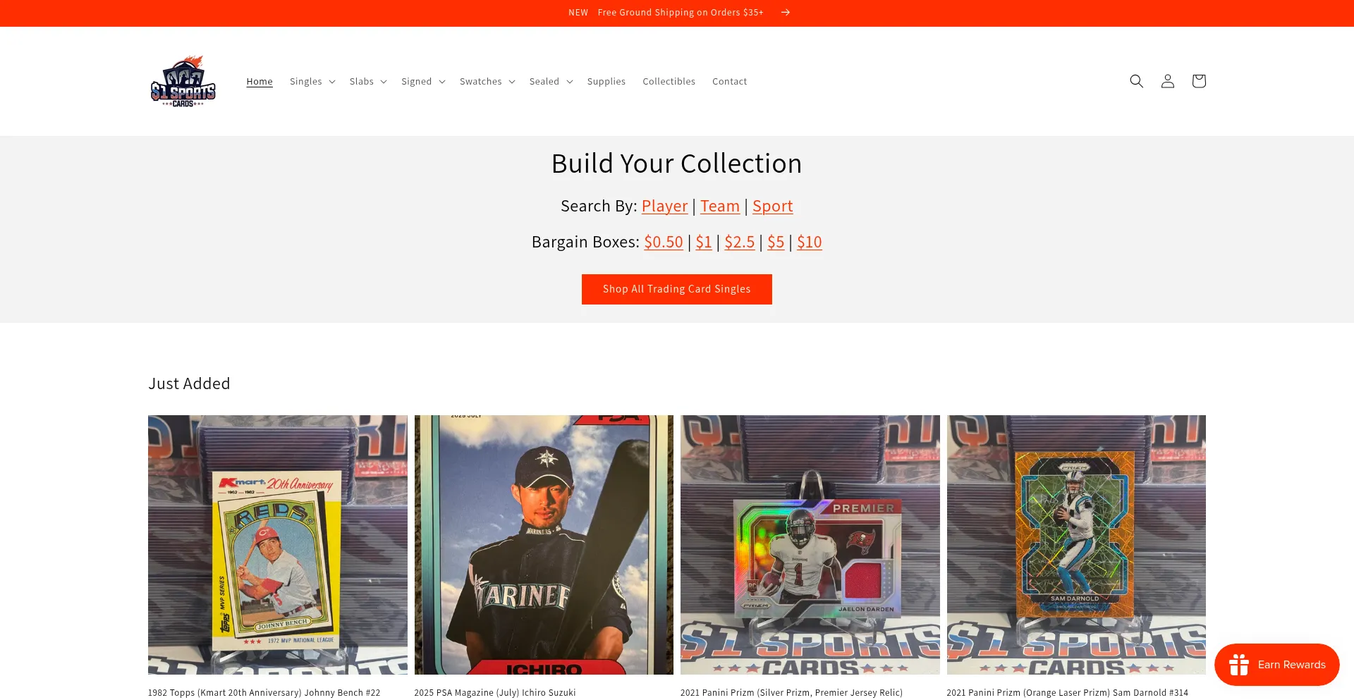 Website screenshot of Onedollarsportscards.com