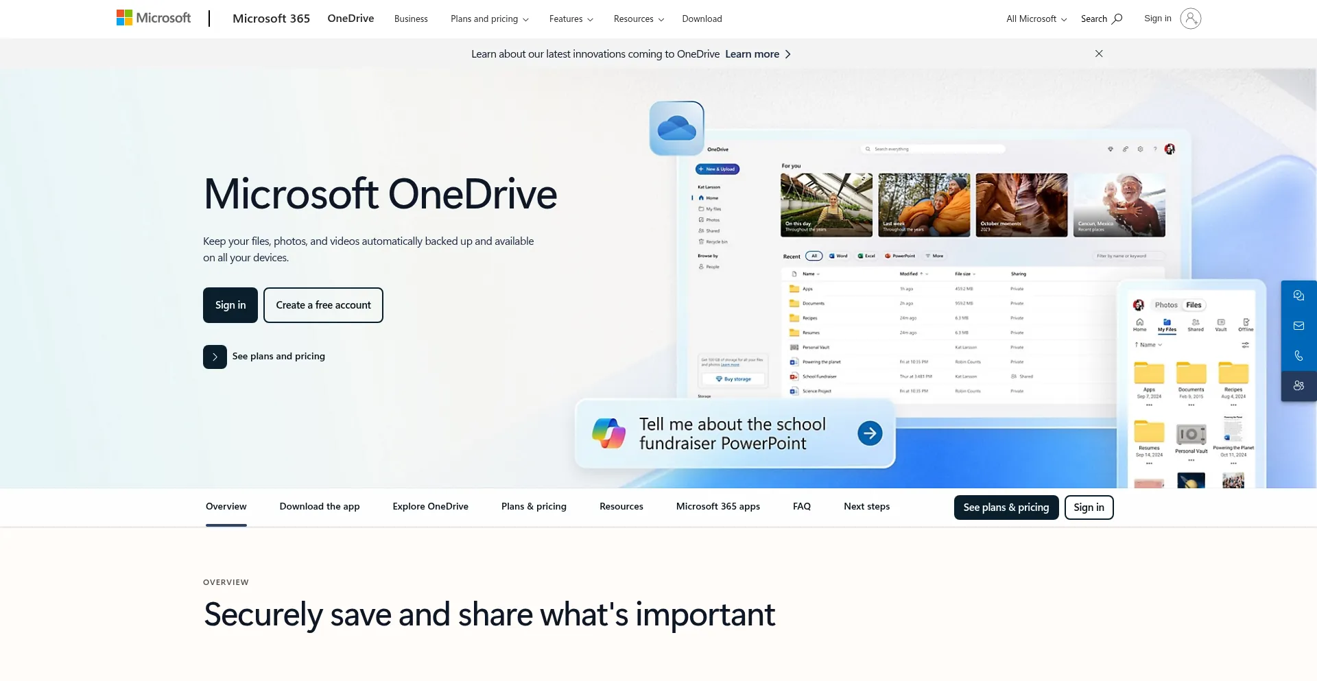Website screenshot of Onedrive.com