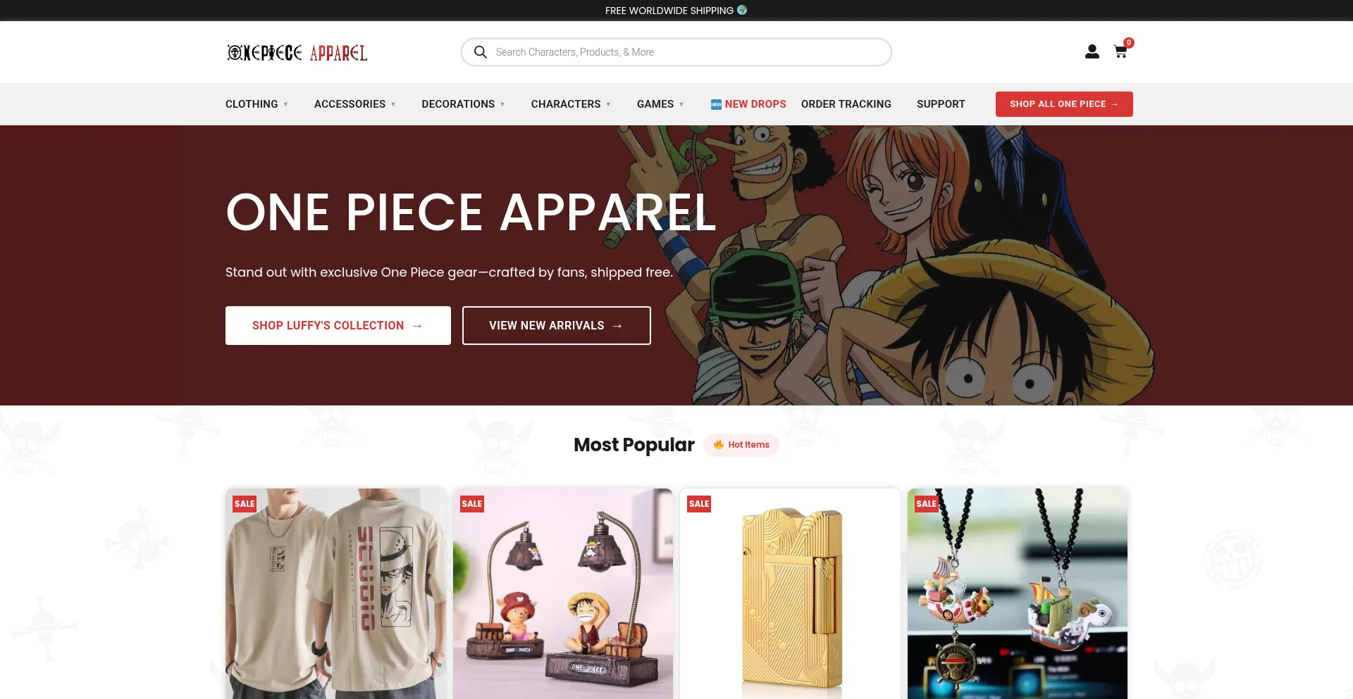 Website screenshot of Onepieceapparel.com