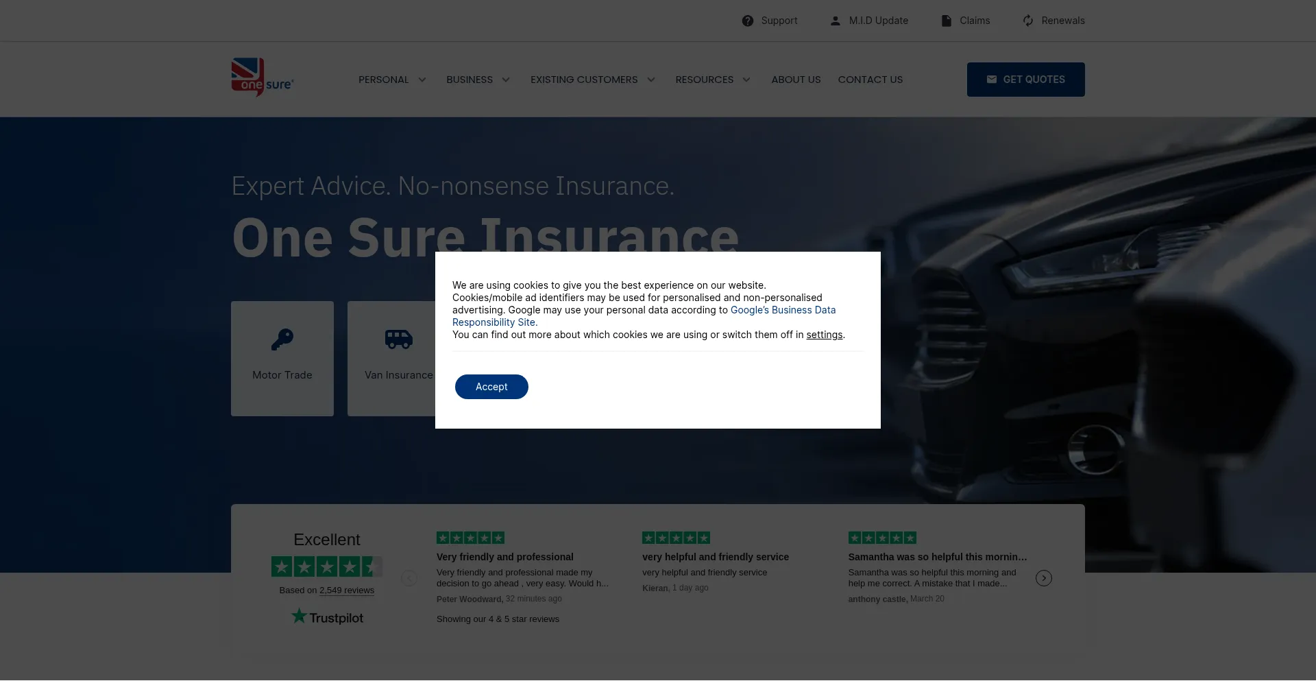 Website screenshot of Onesureinsurance.co.uk