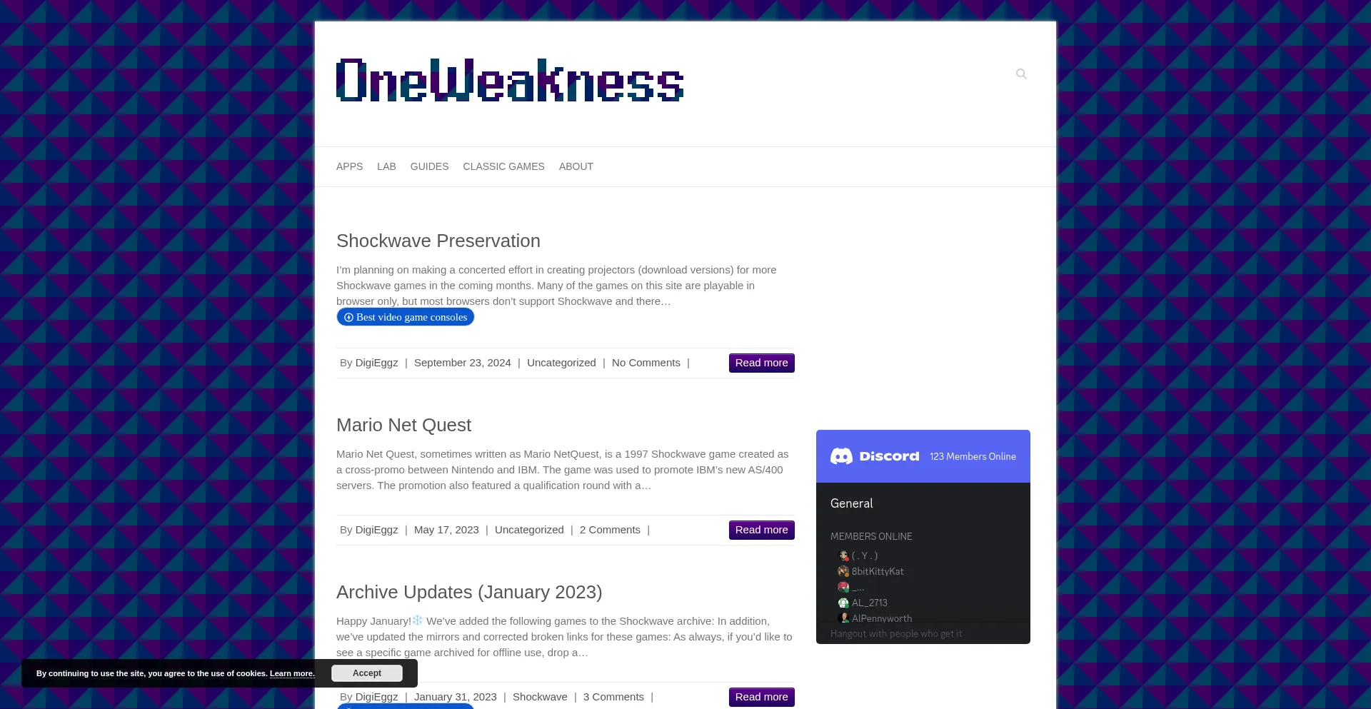 Website screenshot of Oneweakness.com