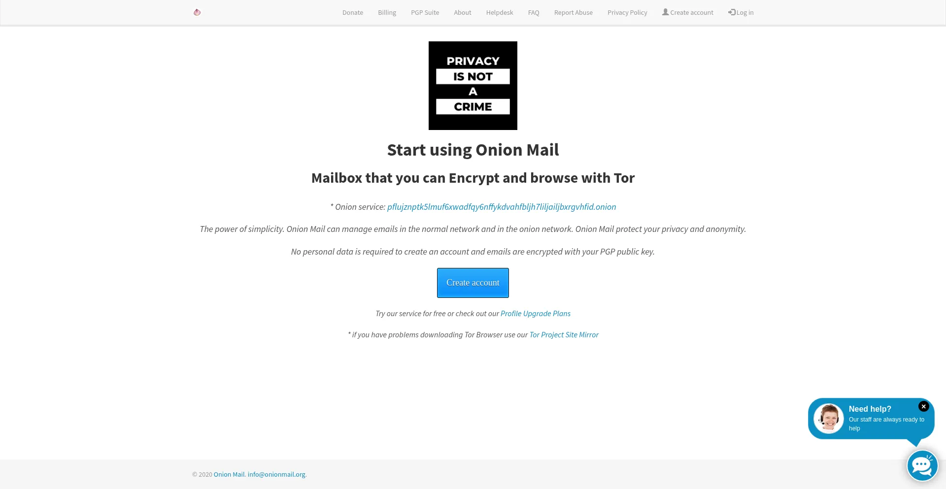 Website screenshot of Onionmail.org