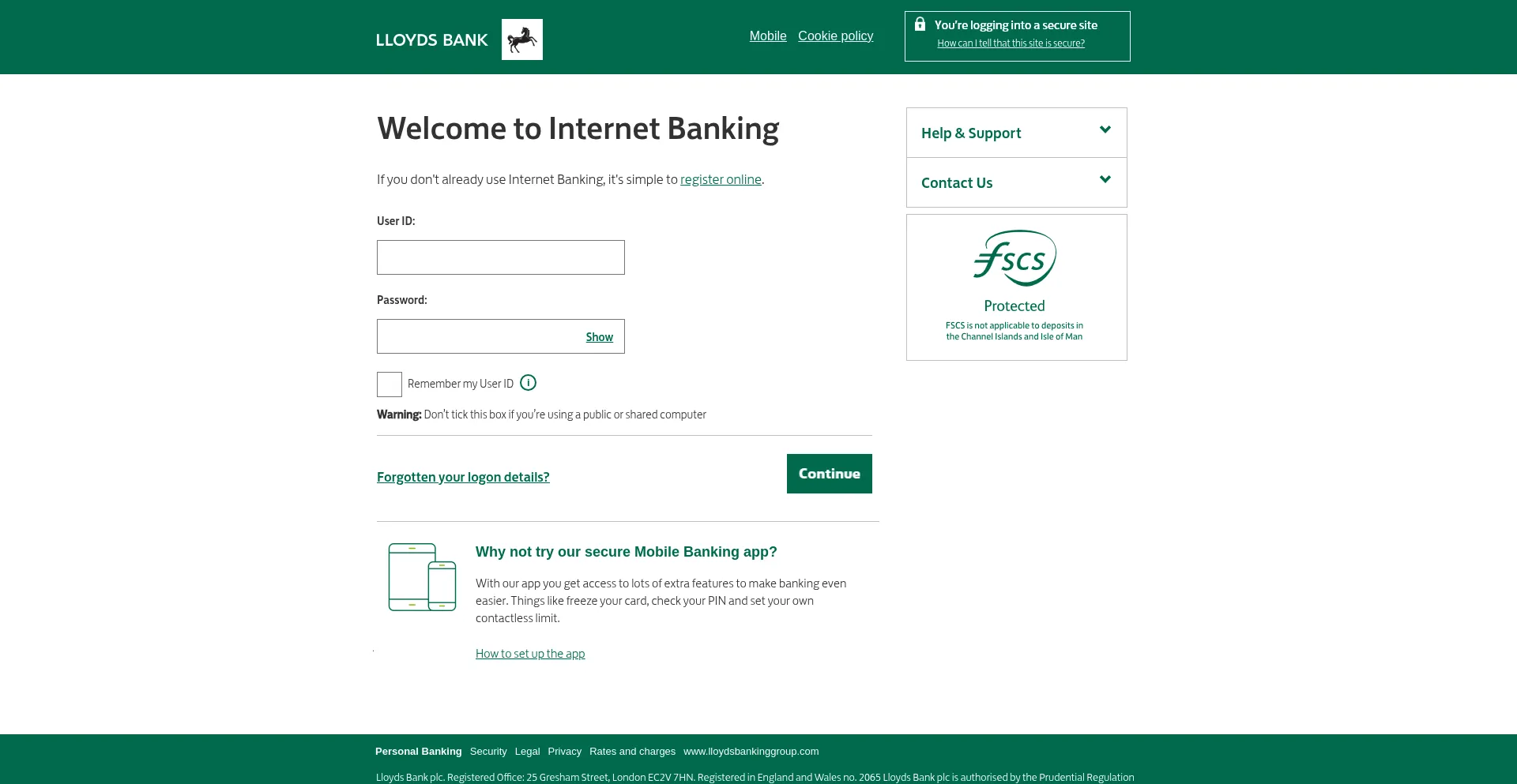 Website screenshot of Online.lloydsbank.co.uk
