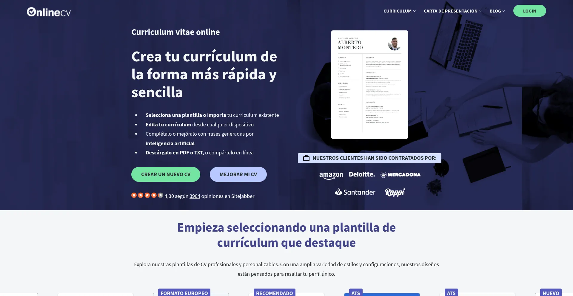 Website screenshot of Onlinecv.es
