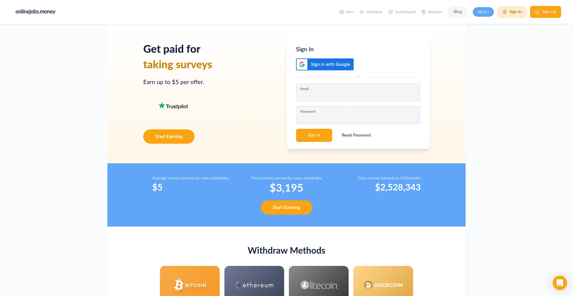 Website screenshot of Onlinejobs.money