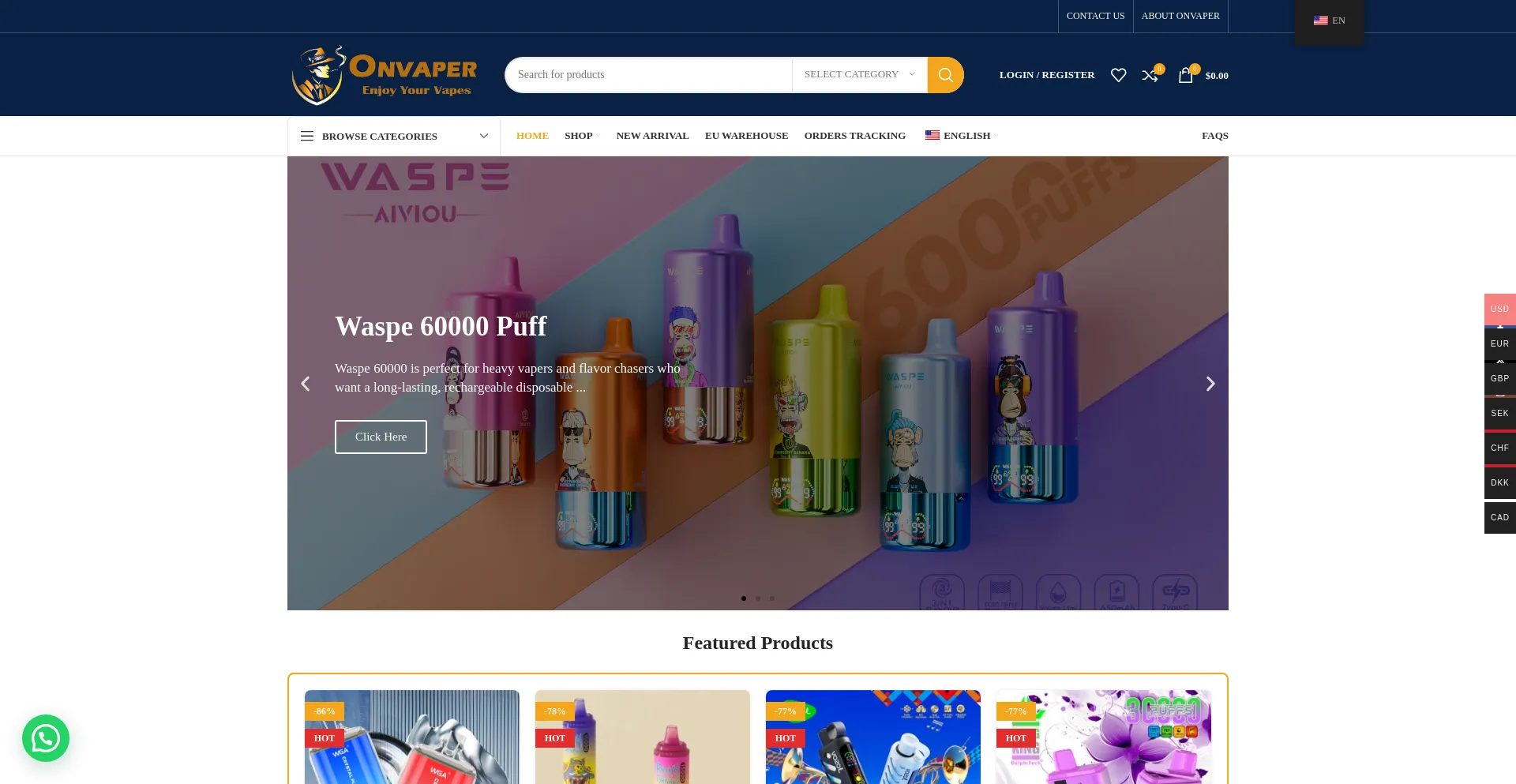 Website screenshot of Onvaper.com