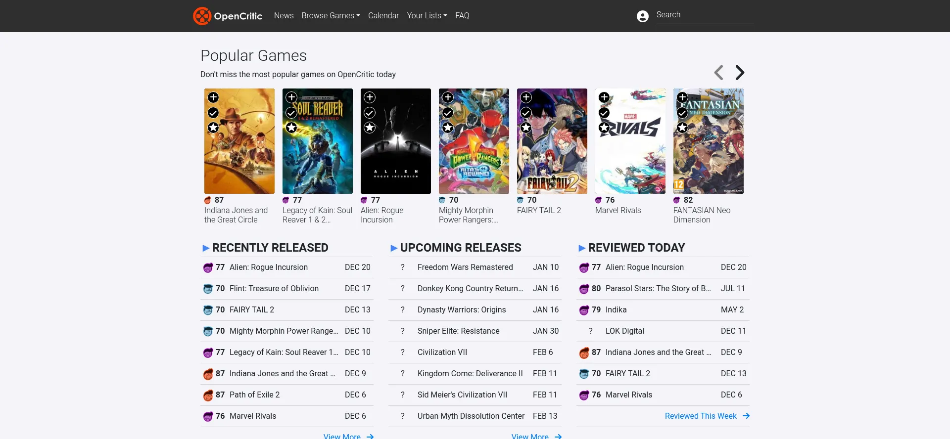 Website screenshot of Opencritic.com