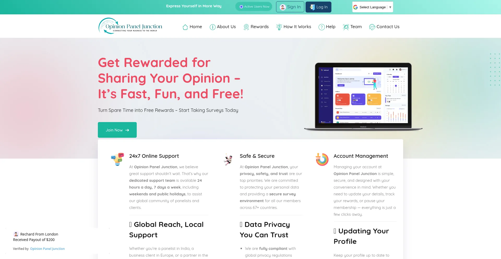Website screenshot of Opinionpaneljunction.com
