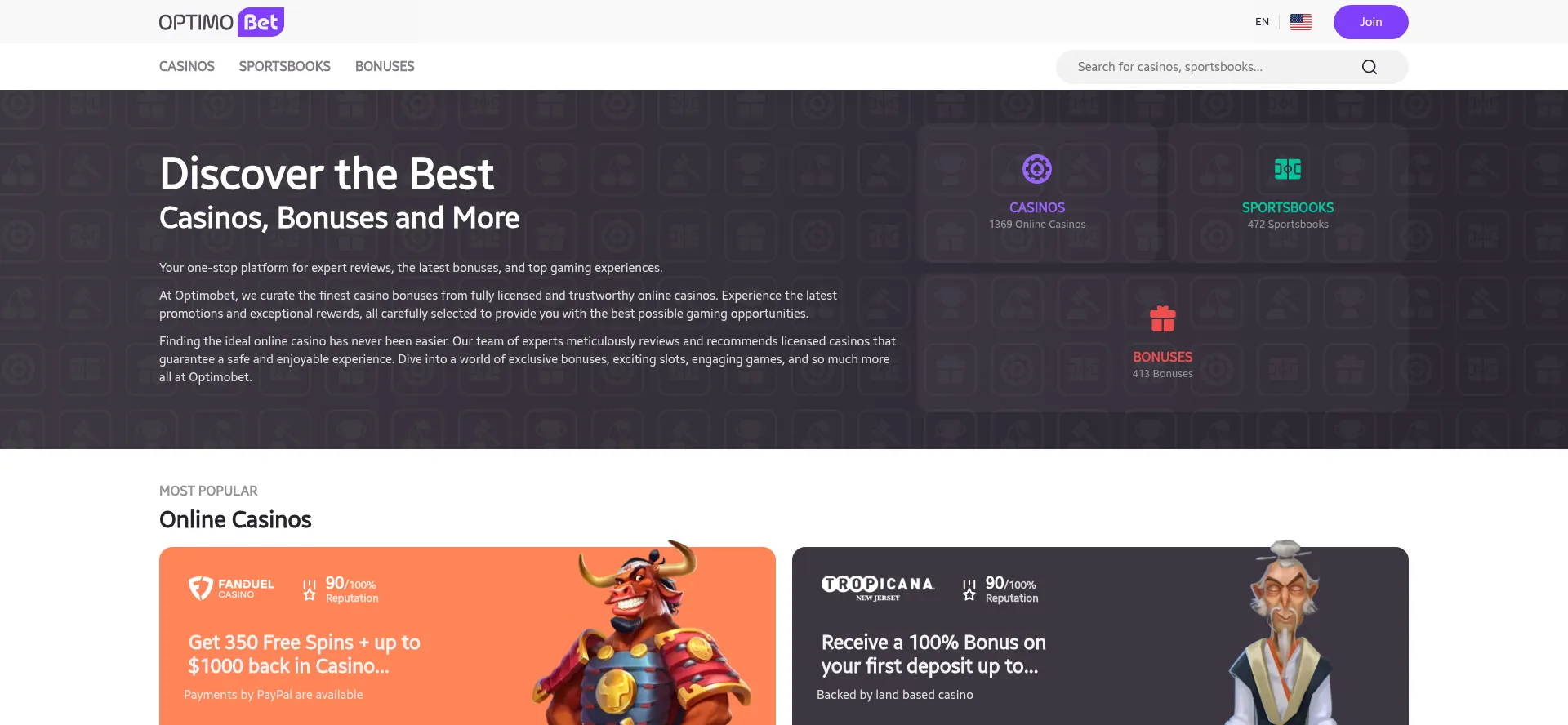Website screenshot of Optimobet.com