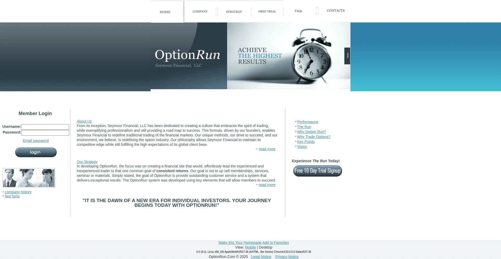 Website screenshot of Optionrun.com