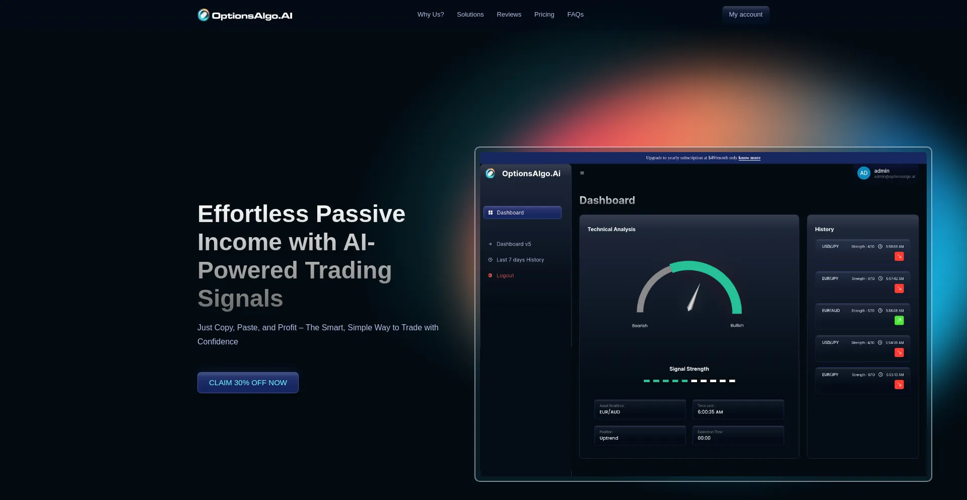 Website screenshot of Optionsalgo.ai