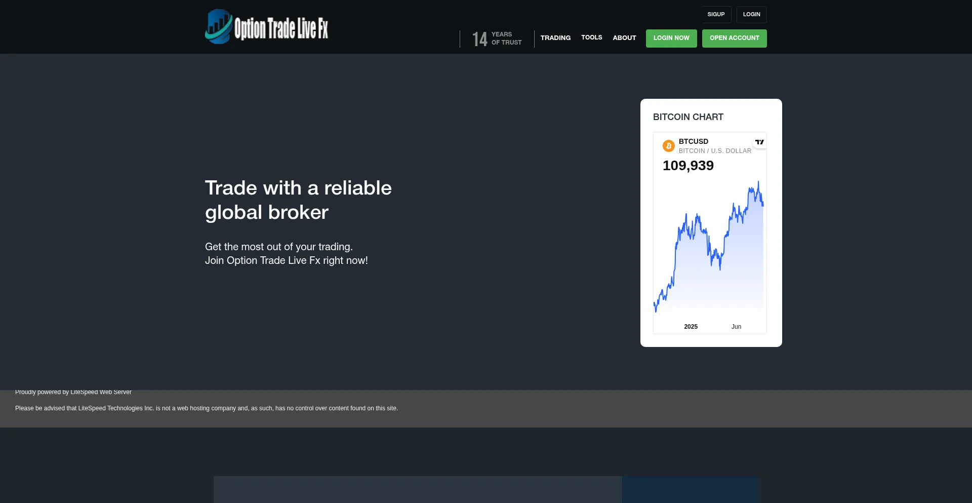 Website screenshot of Opttradelive.com