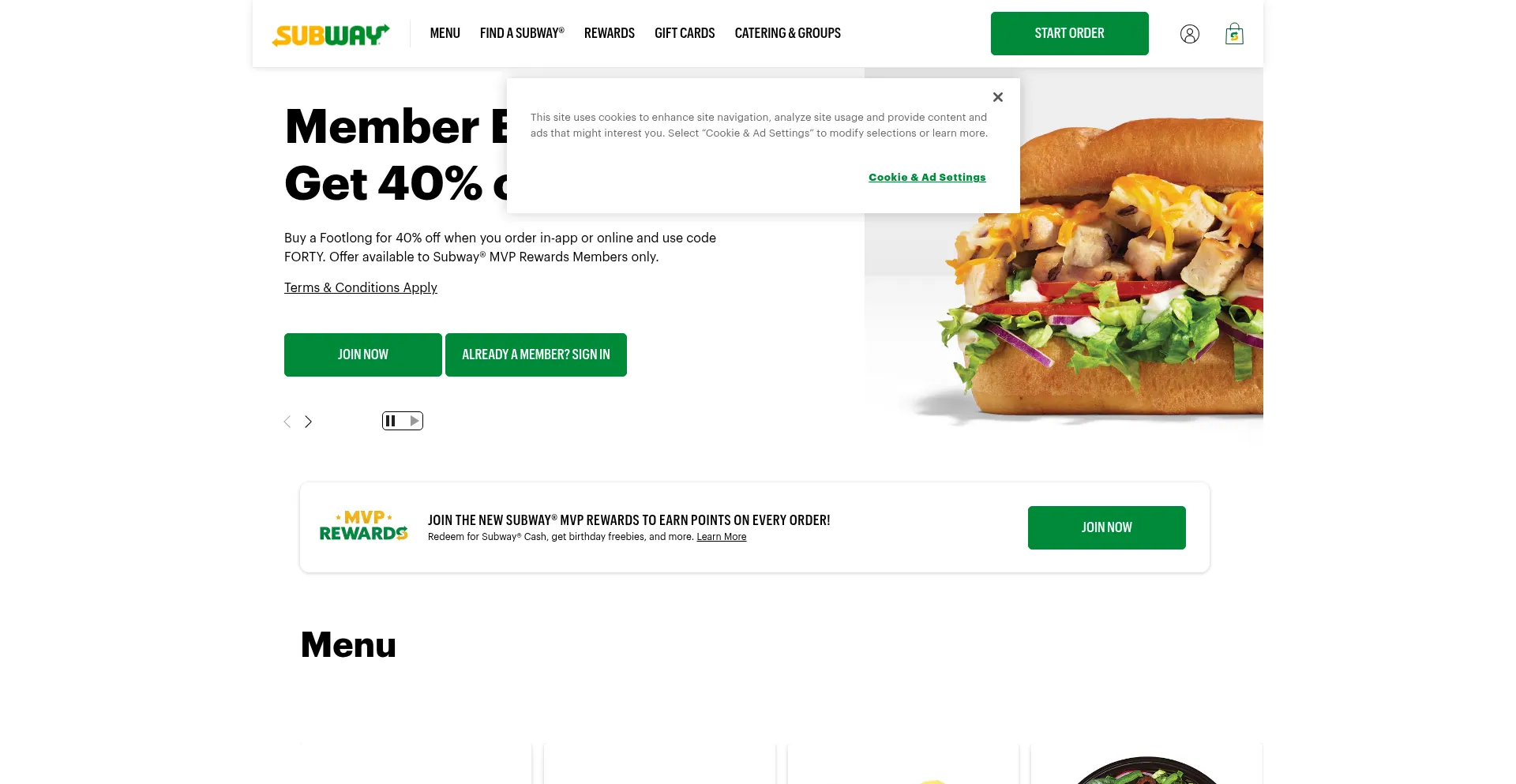 Website screenshot of Order.subway.com