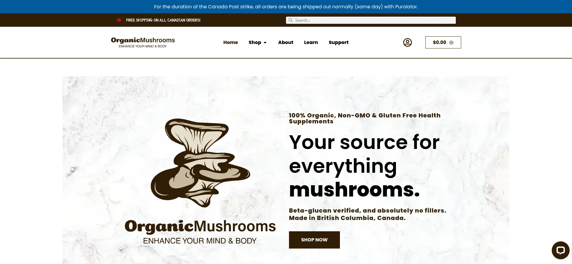 Website screenshot of Organicmushrooms.ca
