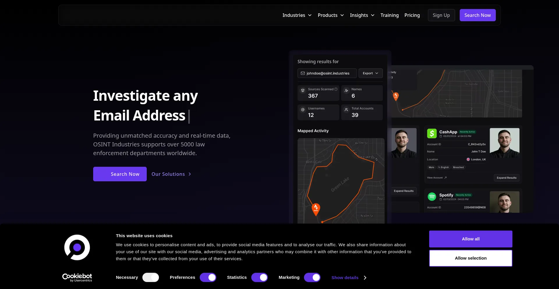 Website screenshot of Osint.industries